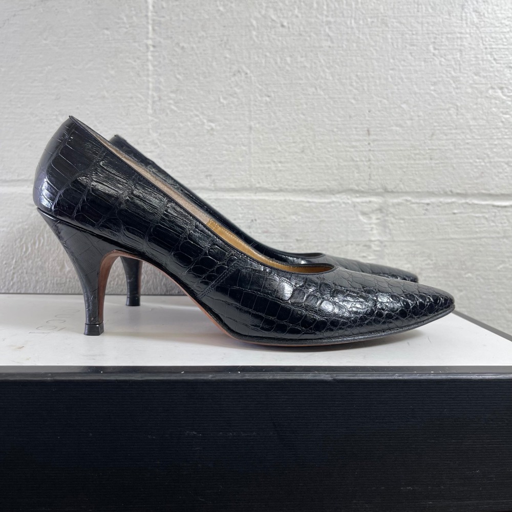 VTG Brentshire‎ Genuine Alligator Black Leather Heels Pump Pointed Toe Women's 6